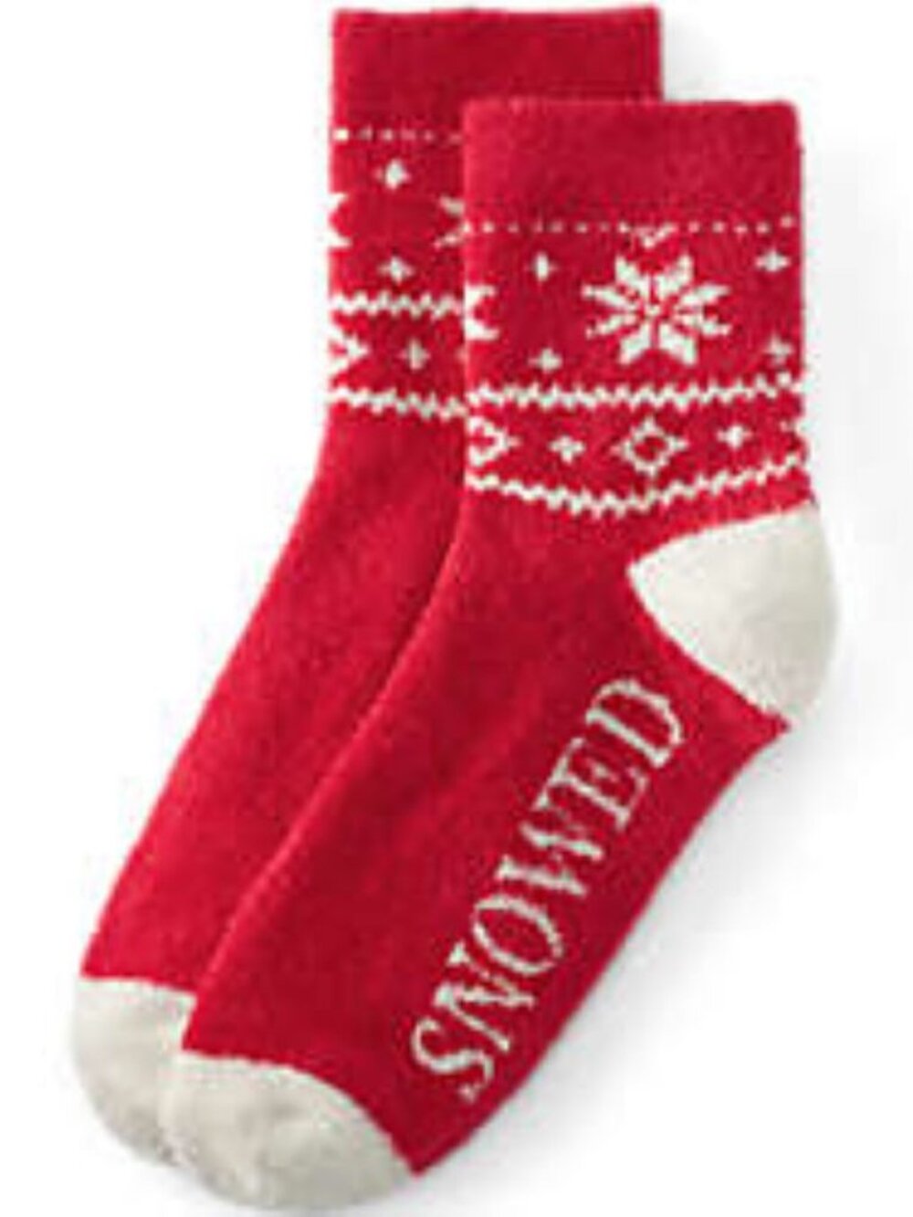Lands' End Women's Fuzzy Micro-Fleece Crew Socks Red Snowed In Fair Isle OSFM